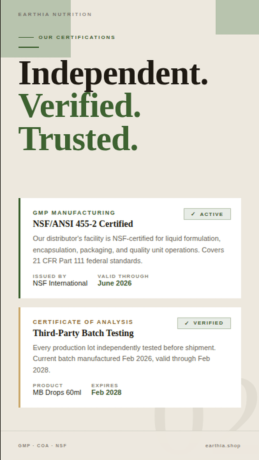 Earthia Methylene Blue trust badge - third-party lab tested
