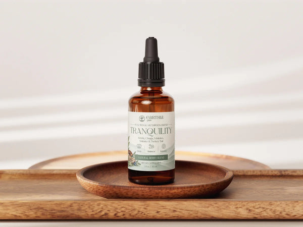 Tranquility Mushroom Extract Drops – Earthia functional mushroom blend bottle with Reishi, Chaga, Maitake, Shiitake and Turkey Tail