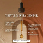 Tranquility dropper ingredients – Reishi 8:1 extract, mushroom complex, stevia, natural berry flavoring