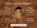 What's in every dropper – 150mg Reishi extract plus 50mg mushroom complex with Chaga, Maitake, Shiitake and Turkey Tail